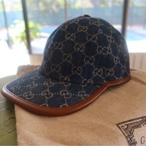 BRAND NEW BLUE GG BASEBALL HAT FROM GUCCI - COTTON BLEND/ LEATHER/ SIZE M